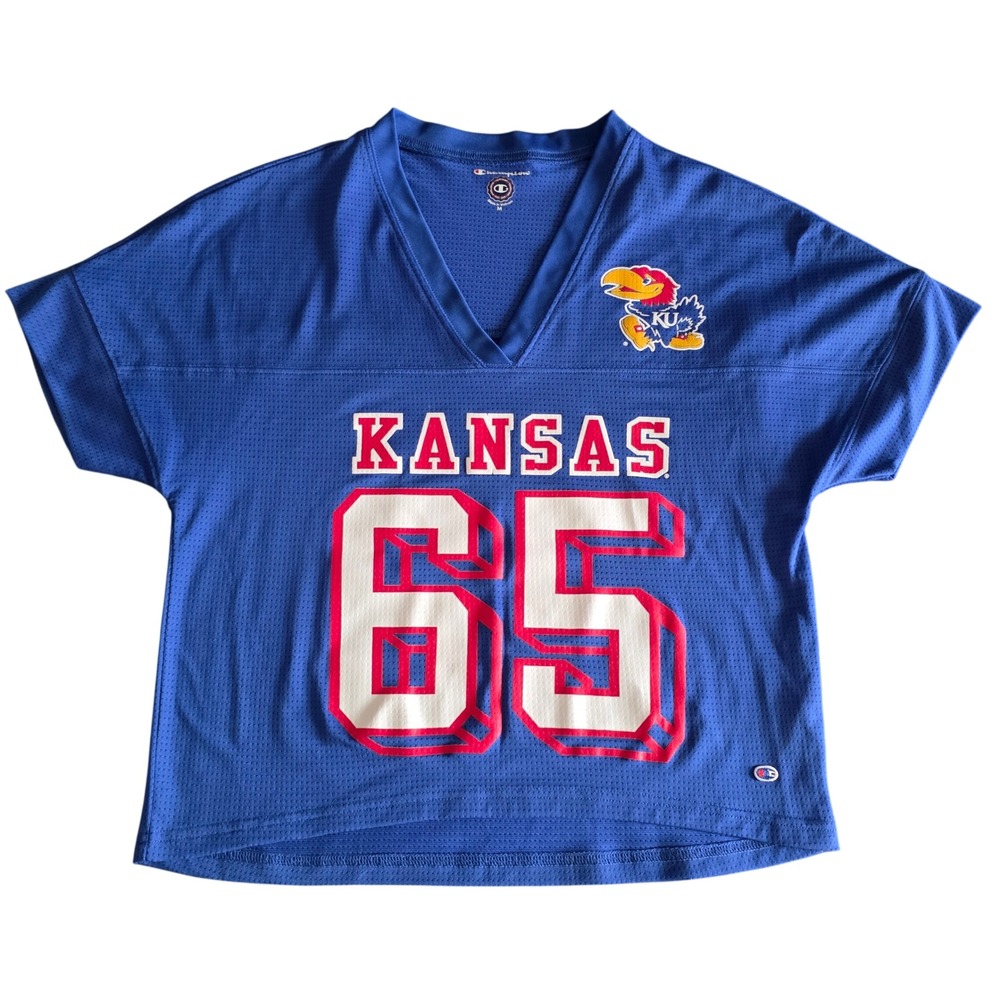 Champion Kansas Jayhawks Jersey Top Blue Mesh V-Neck Cropped Graphic Tee M